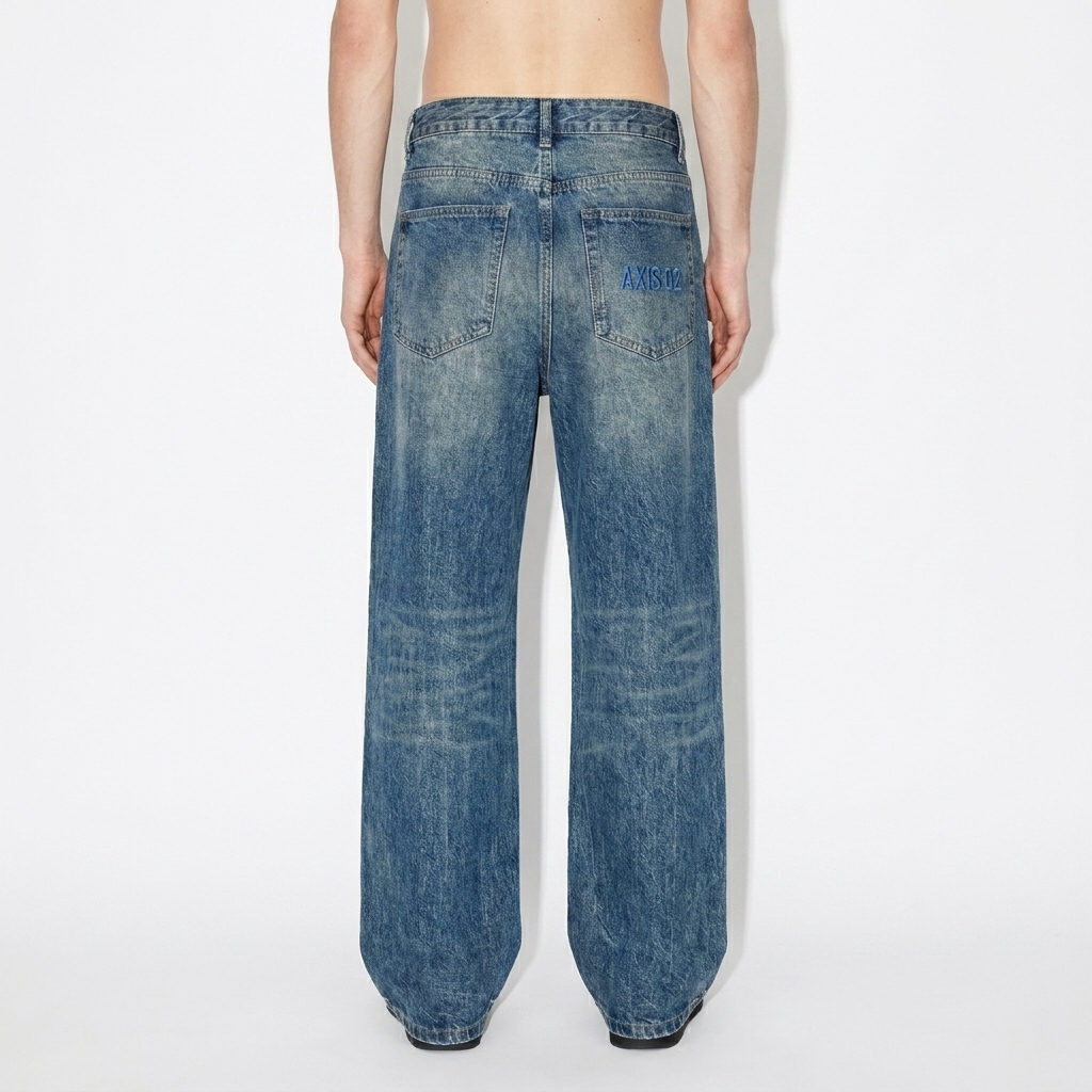 Vintage Wash Baggy Denim Jeans worn by a slim tall Scandinavian male fashion influencer, clean-girl minimal styling, studio lookbook — custom vintage wash baggy denim jeans