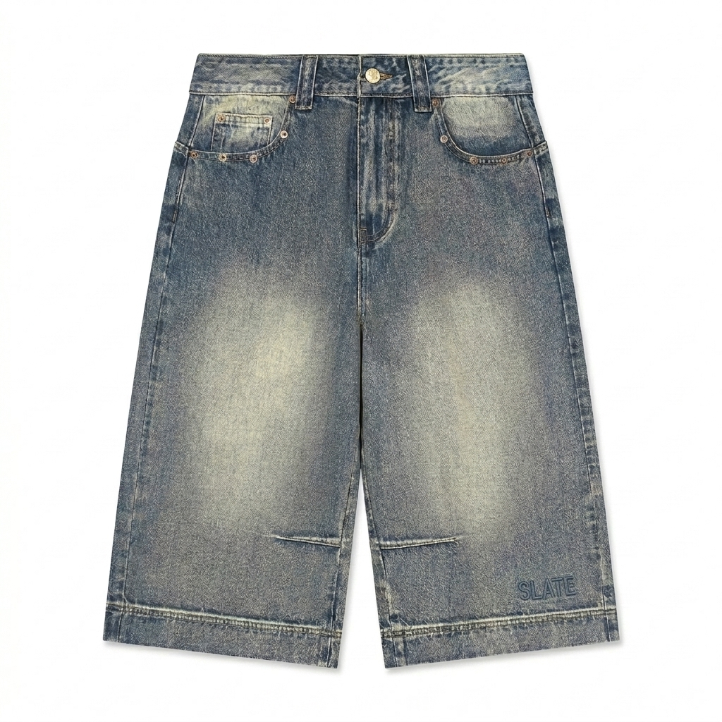 Custom Vintage Wash Baggy Denim Shorts design direction 1: Tonal Minimalist Wordmark featuring the SLATE wordmark