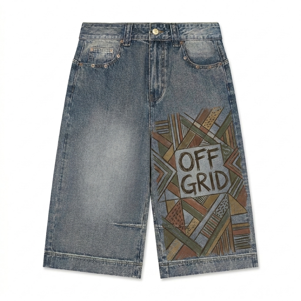 Custom Vintage Wash Baggy Denim Shorts design direction 2: Skateboard Graphic featuring the OFF GRID wordmark