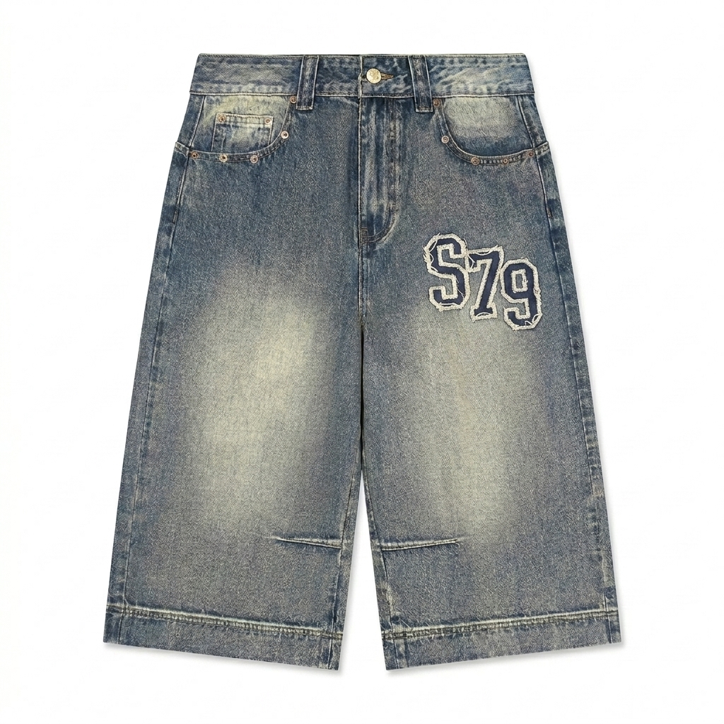 Custom Vintage Wash Baggy Denim Shorts design direction 3: Retro Collegiate Emblem featuring the STUDIO 79 wordmark