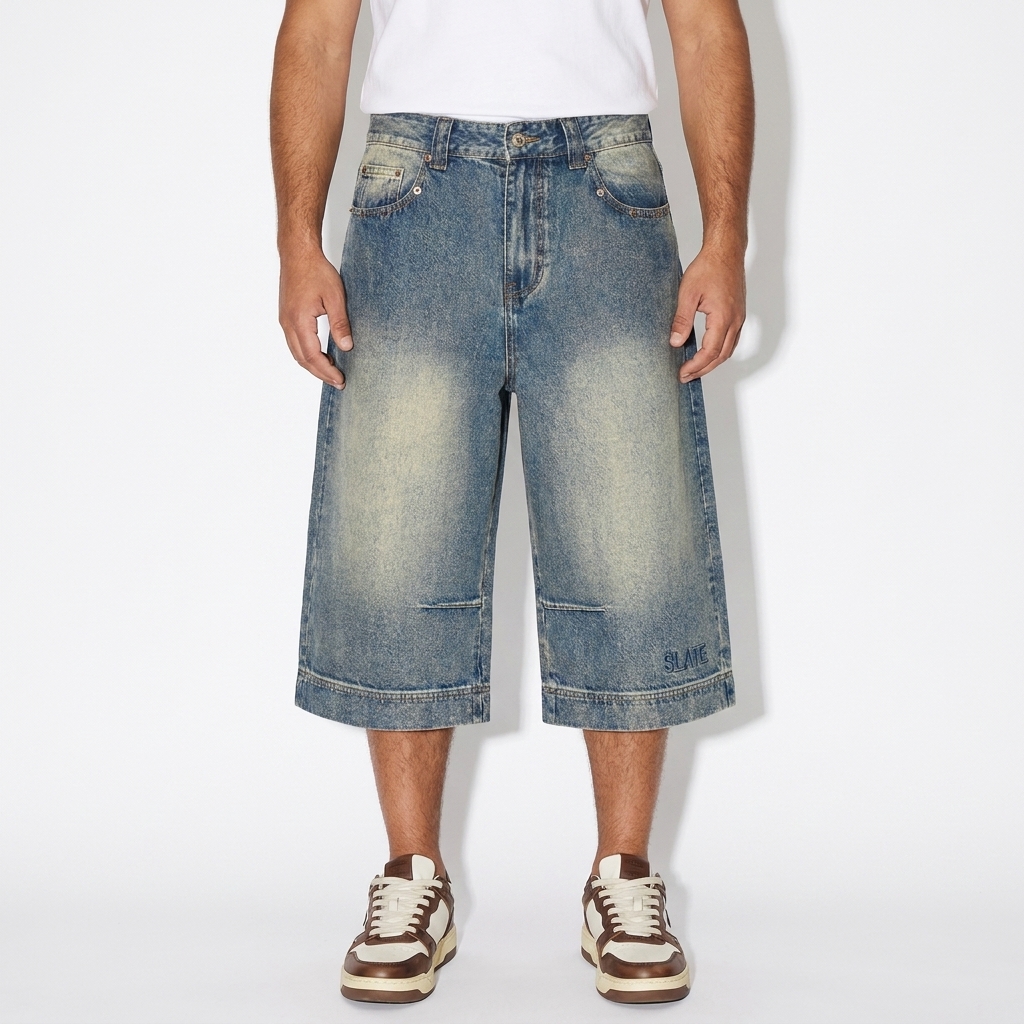 Vintage Wash Baggy Denim Shorts worn by a mid-size Mediterranean male fashion influencer, editorial avant-garde styling, studio lookbook — custom vintage wash baggy denim shorts