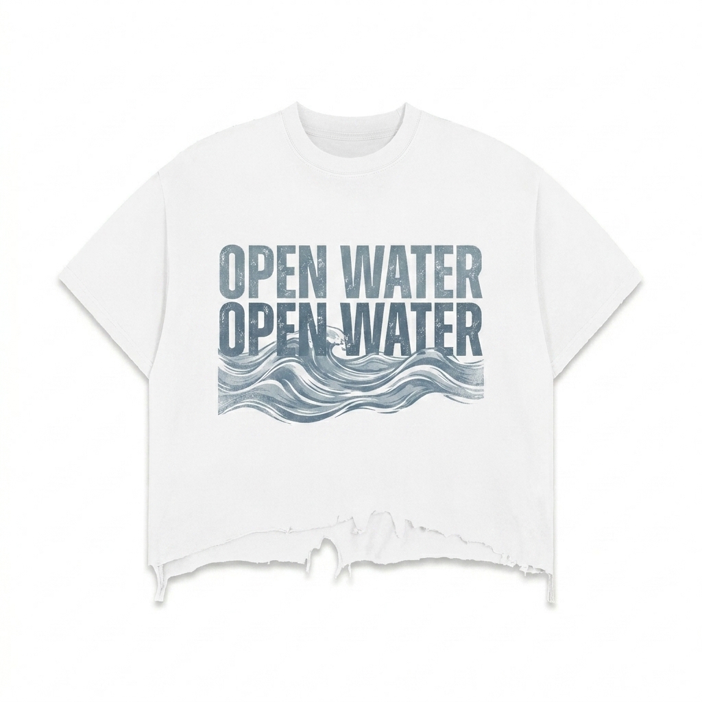 Custom Vintage Wash Boxy Distressed T-Shirt design direction 2: Bold Abstract Graphic featuring the OPEN WATER wordmark