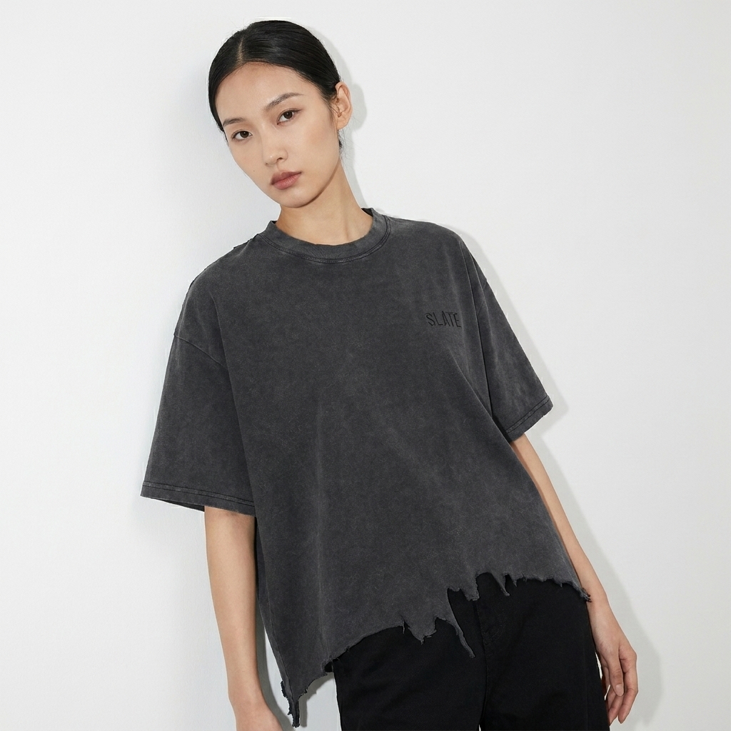 Vintage Wash Boxy Distressed T-Shirt worn by a lean Chinese female fashion influencer, preppy ivy styling, studio lookbook — custom vintage wash boxy distressed t-shirt