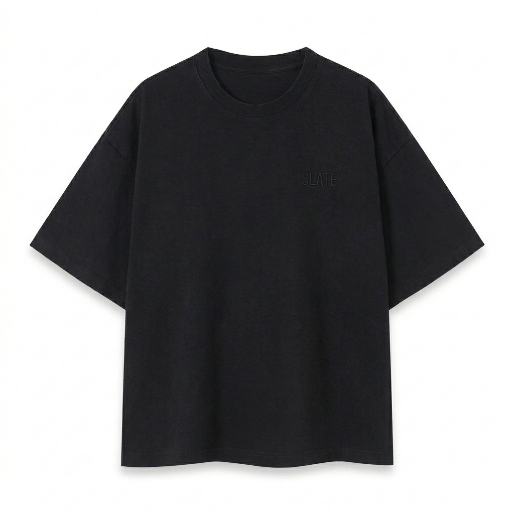 Custom Vintage Wash Boxy T-Shirt design direction 1: Tonal Minimalist Wordmark featuring the SLATE wordmark