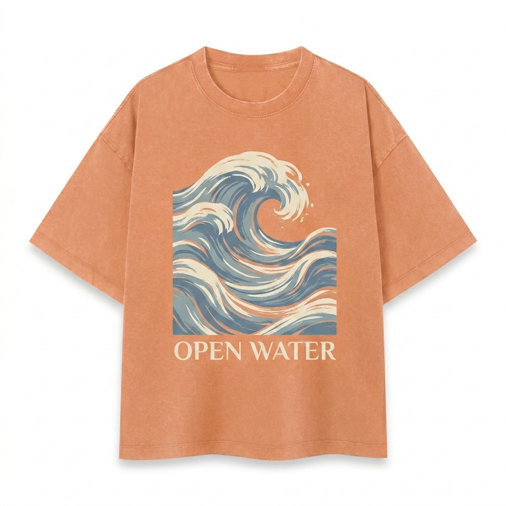Custom Vintage Wash Boxy T-Shirt design direction 2: Bold Abstract Graphic featuring the OPEN WATER wordmark