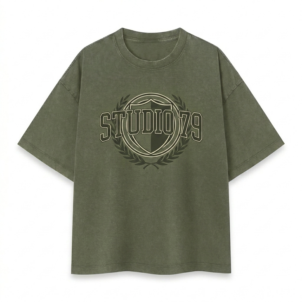 Custom Vintage Wash Boxy T-Shirt design direction 3: Retro Collegiate Emblem featuring the STUDIO 79 wordmark
