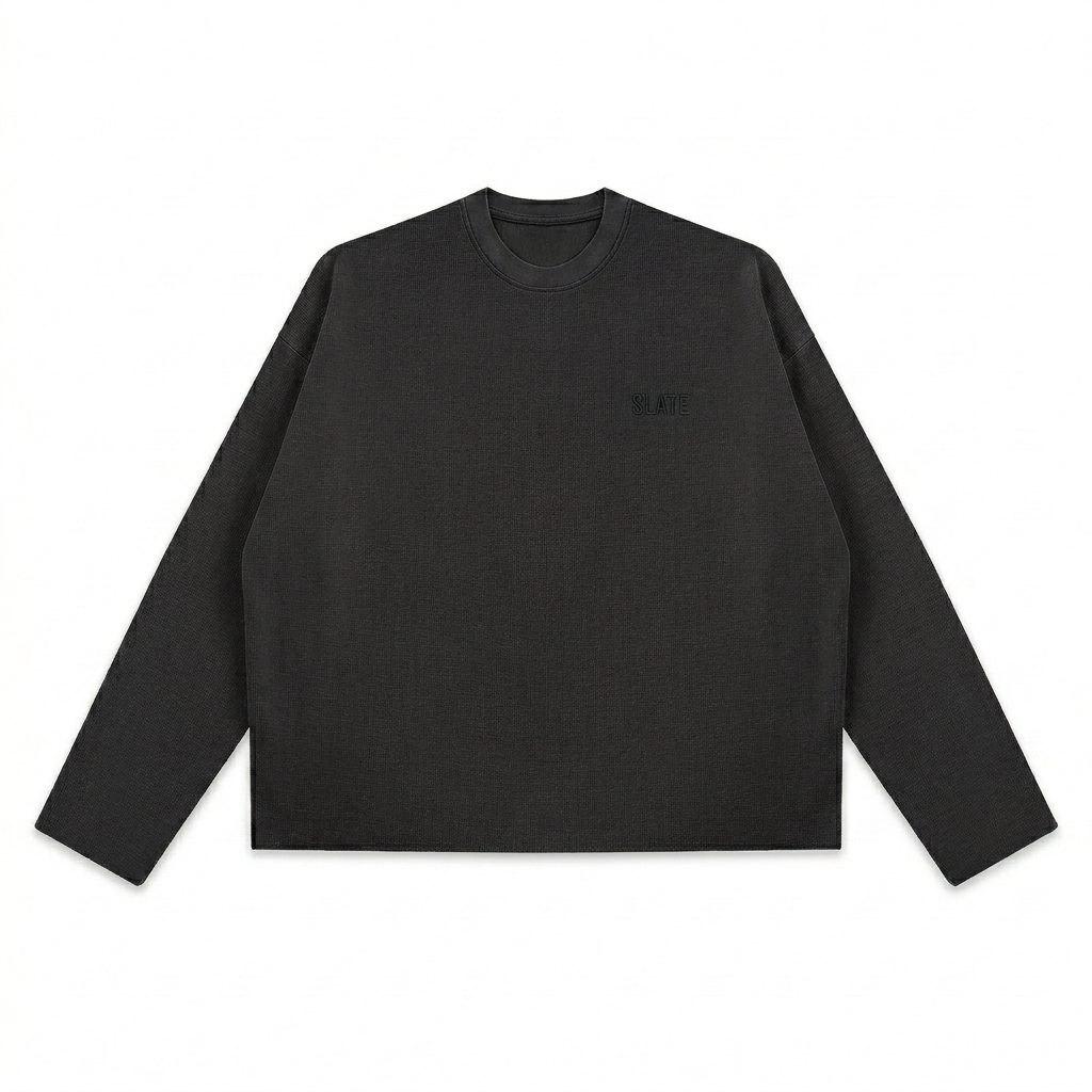 Custom Vintage Wash Boxy Waffle T-Shirt design direction 1: Tonal Minimalist Wordmark featuring the SLATE wordmark