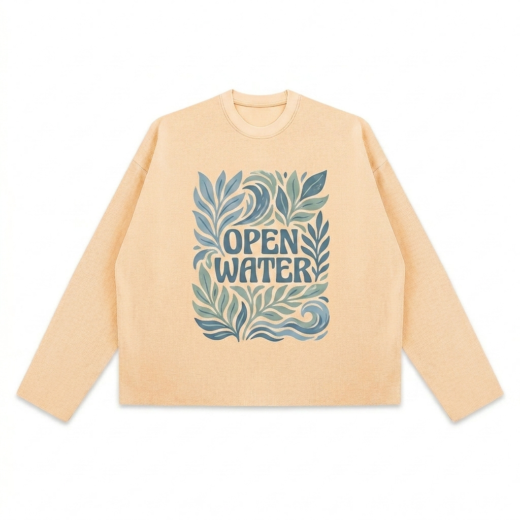 Custom Vintage Wash Boxy Waffle T-Shirt design direction 2: Bold Graphic Illustration featuring the OPEN WATER wordmark