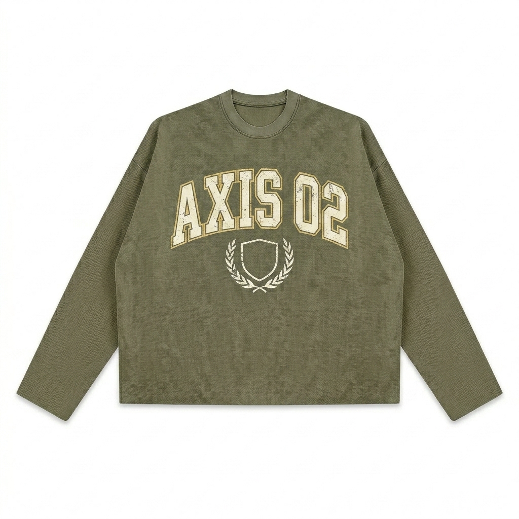 Custom Vintage Wash Boxy Waffle T-Shirt design direction 3: Retro Collegiate Emblem featuring the AXIS 02 wordmark