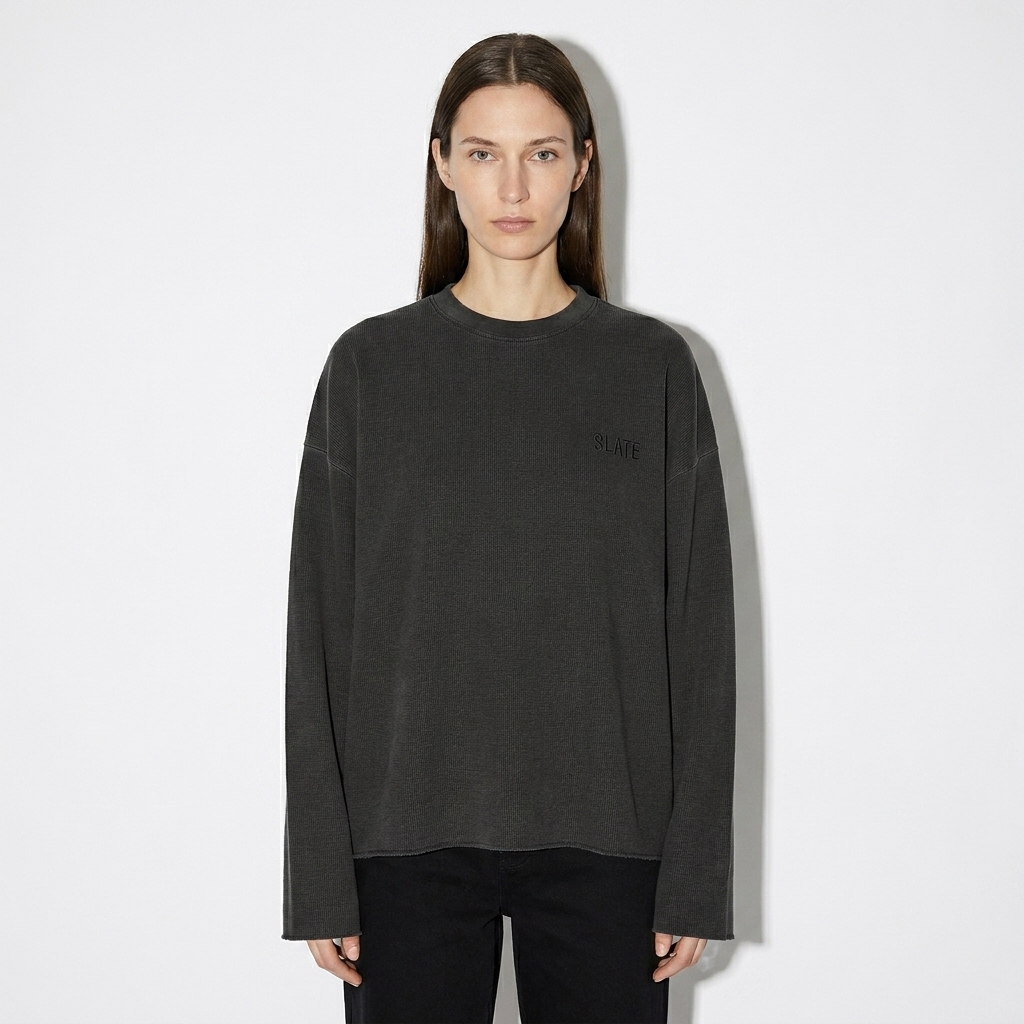 Vintage Wash Boxy Waffle T-Shirt worn by a slim tall German female fashion influencer, gorpcore outdoor styling, studio lookbook — custom vintage wash boxy waffle t-shirt