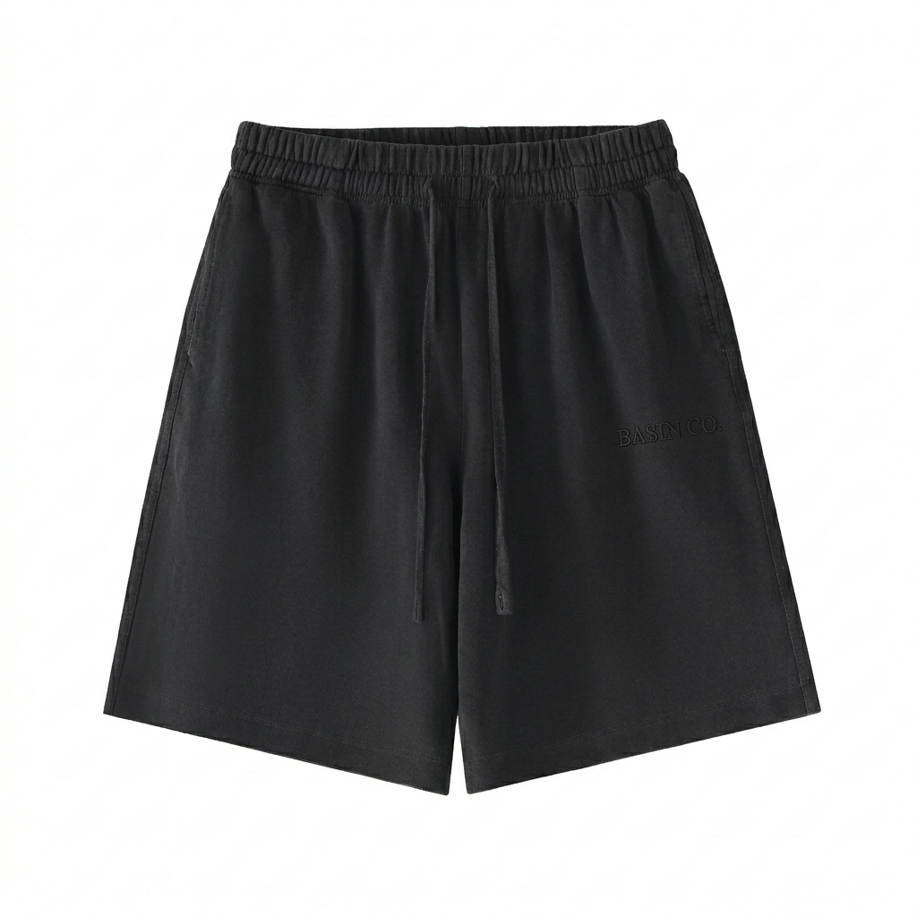 Custom Vintage Wash Cotton Shorts design direction 1: Tonal Heritage Wordmark featuring the BASIN CO. wordmark