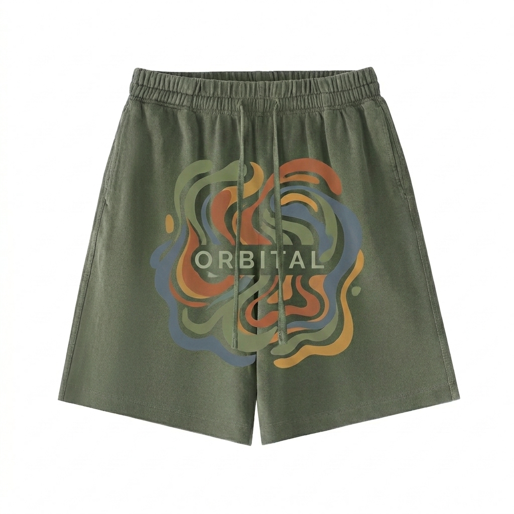 Custom Vintage Wash Cotton Shorts design direction 2: Abstract Nature Graphic featuring the ORBITAL wordmark