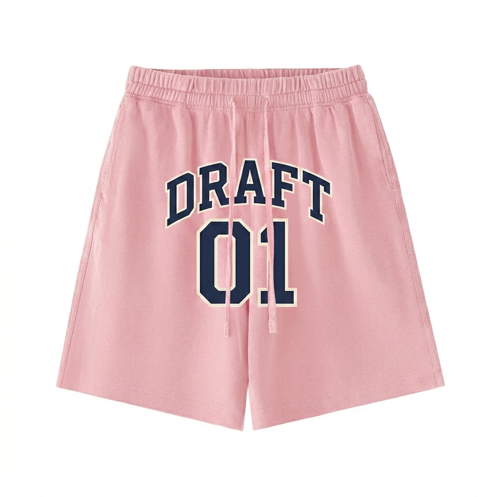 Custom Vintage Wash Cotton Shorts design direction 3: Collegiate Sportswear Emblem featuring the DRAFT 01 wordmark