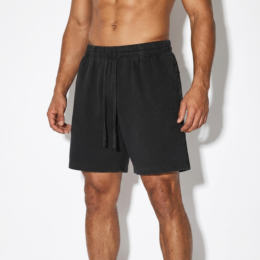 Vintage Wash Cotton Shorts worn by a athletic muscular Middle Eastern male fashion influencer, clean-girl minimal styling, studio lookbook — custom vintage wash cotton shorts