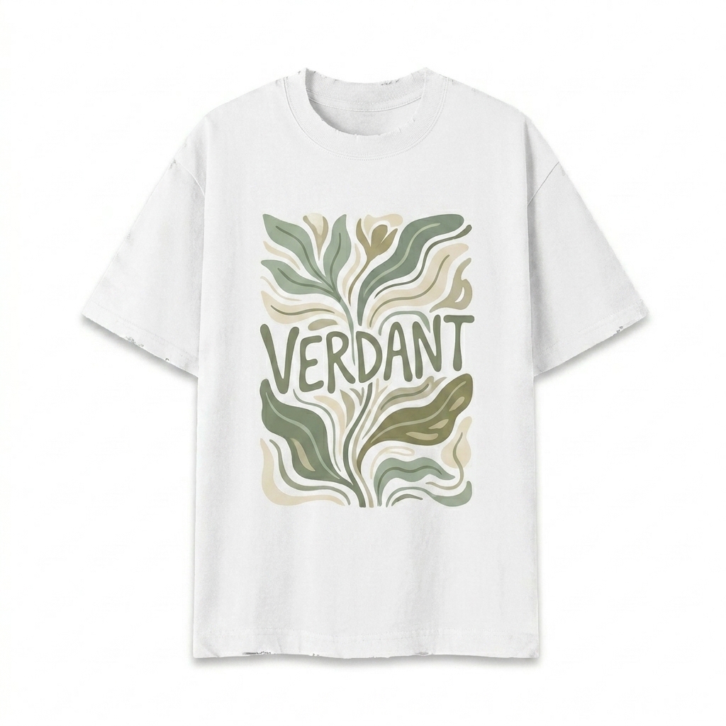 Custom Vintage Wash Distressed T-Shirt design direction 2: Abstract Botanical featuring the VERDANT wordmark