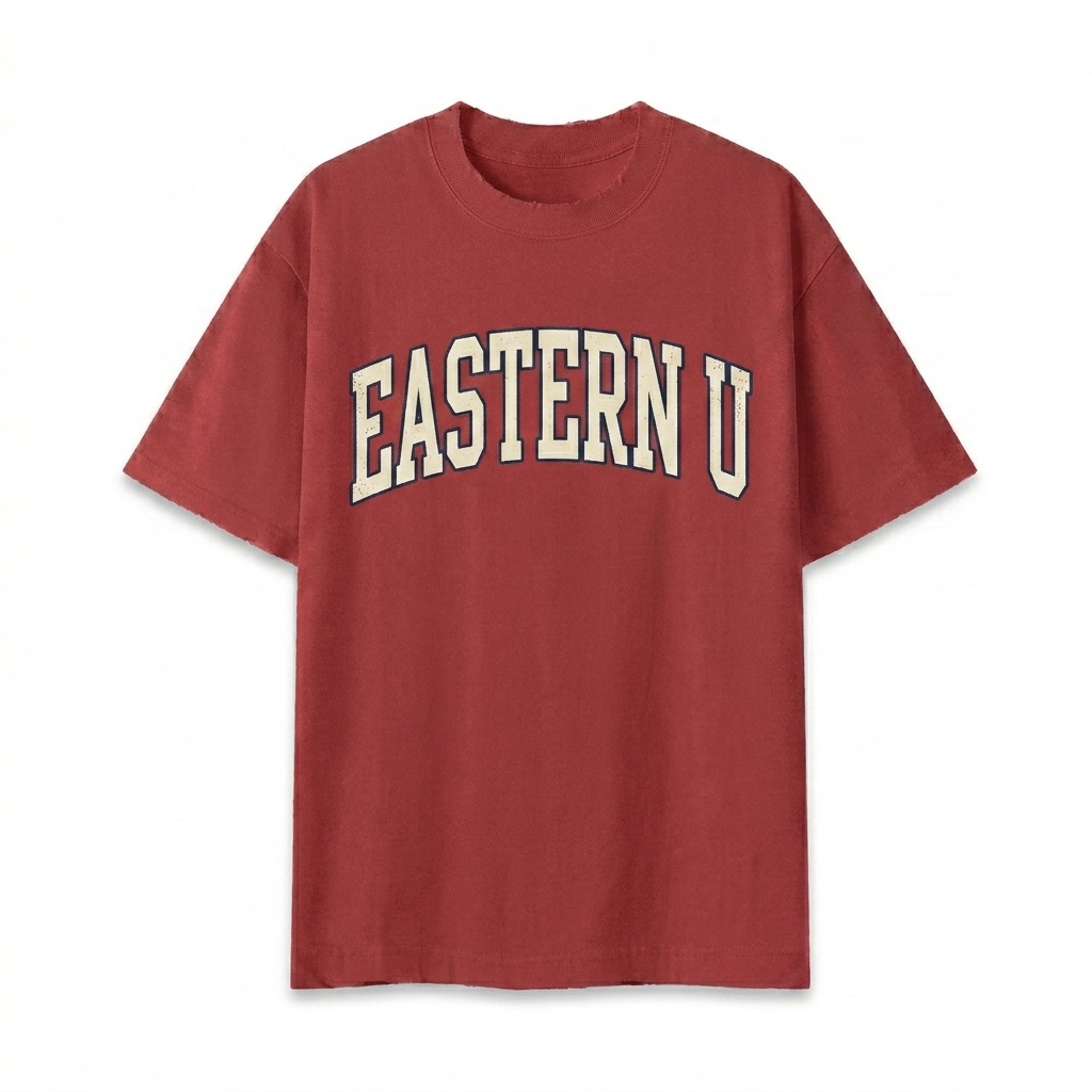 Custom Vintage Wash Distressed T-Shirt design direction 3: Collegiate Wordmark featuring the EASTERN U wordmark