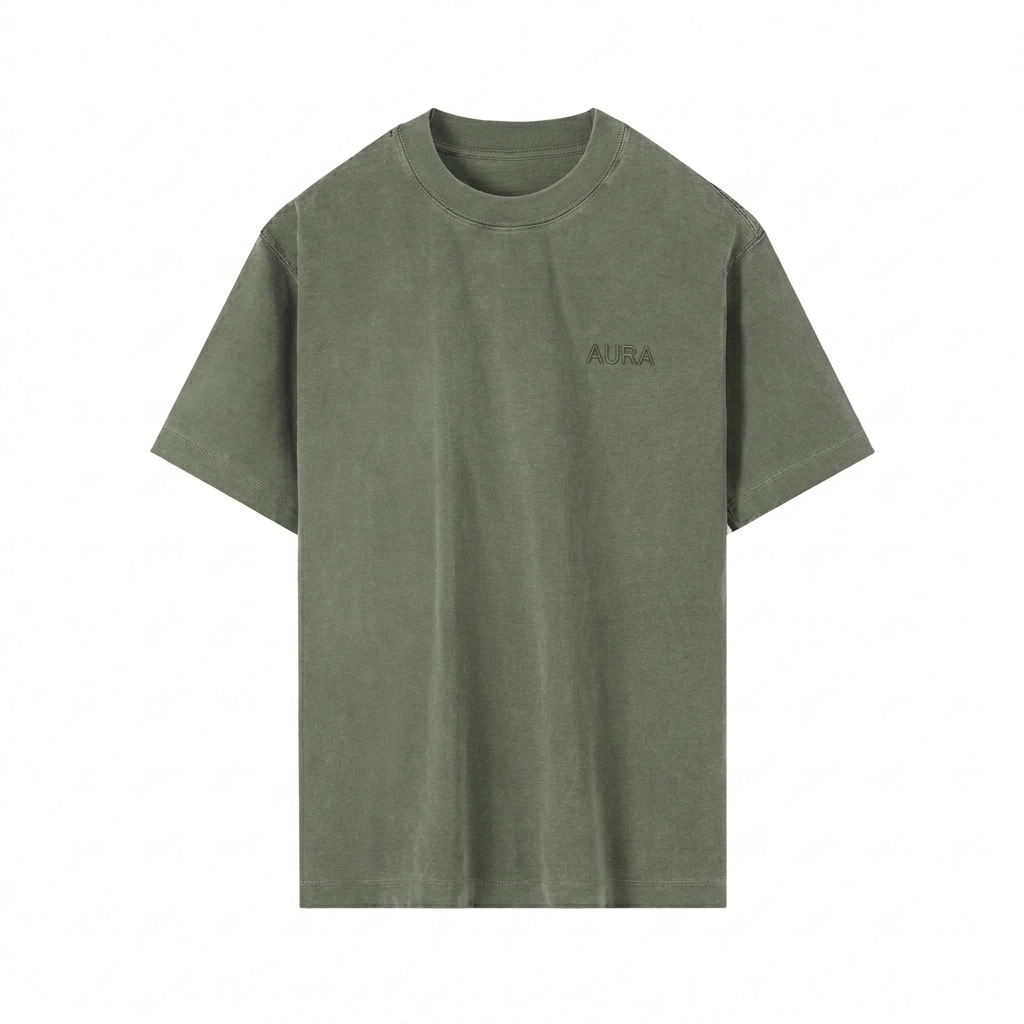 Custom Vintage Wash Drop Shoulder T-Shirt design direction 1: Tonal Minimalist Wordmark featuring the AURA wordmark