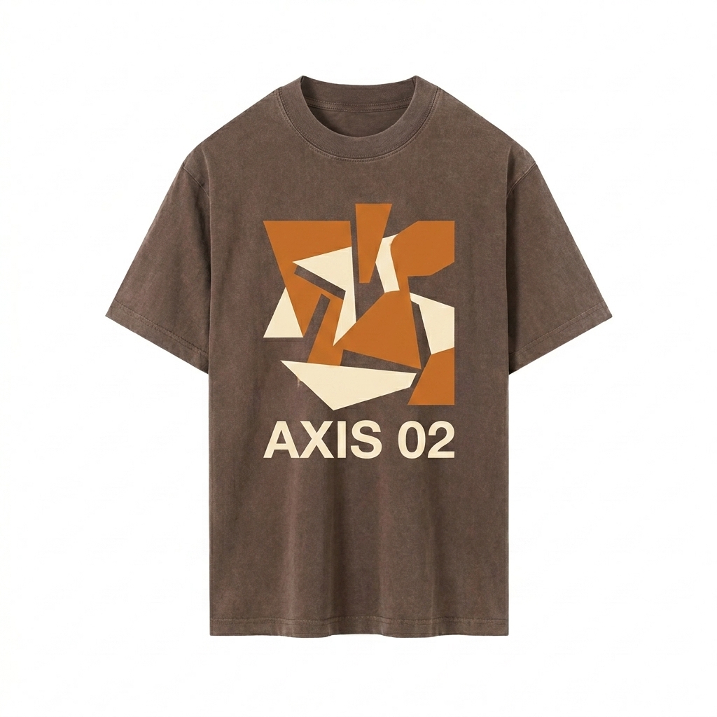 Custom Vintage Wash Drop Shoulder T-Shirt design direction 2: Bold Abstract Graphic featuring the AXIS 02 wordmark
