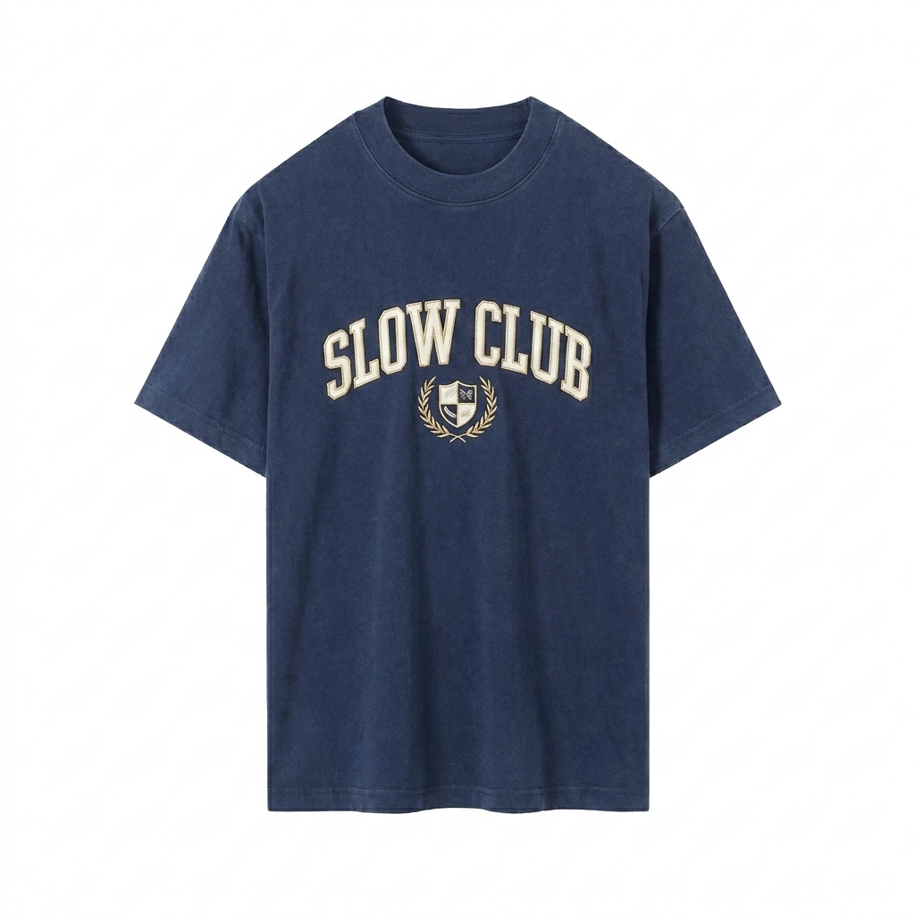 Custom Vintage Wash Drop Shoulder T-Shirt design direction 3: Retro Collegiate Emblem featuring the SLOW CLUB wordmark