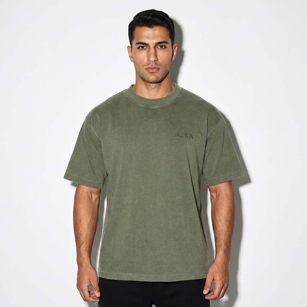 Vintage Wash Drop Shoulder T-Shirt worn by a athletic muscular Turkish male fashion influencer, gorpcore outdoor styling, studio lookbook — custom vintage wash drop shoulder t-shirt