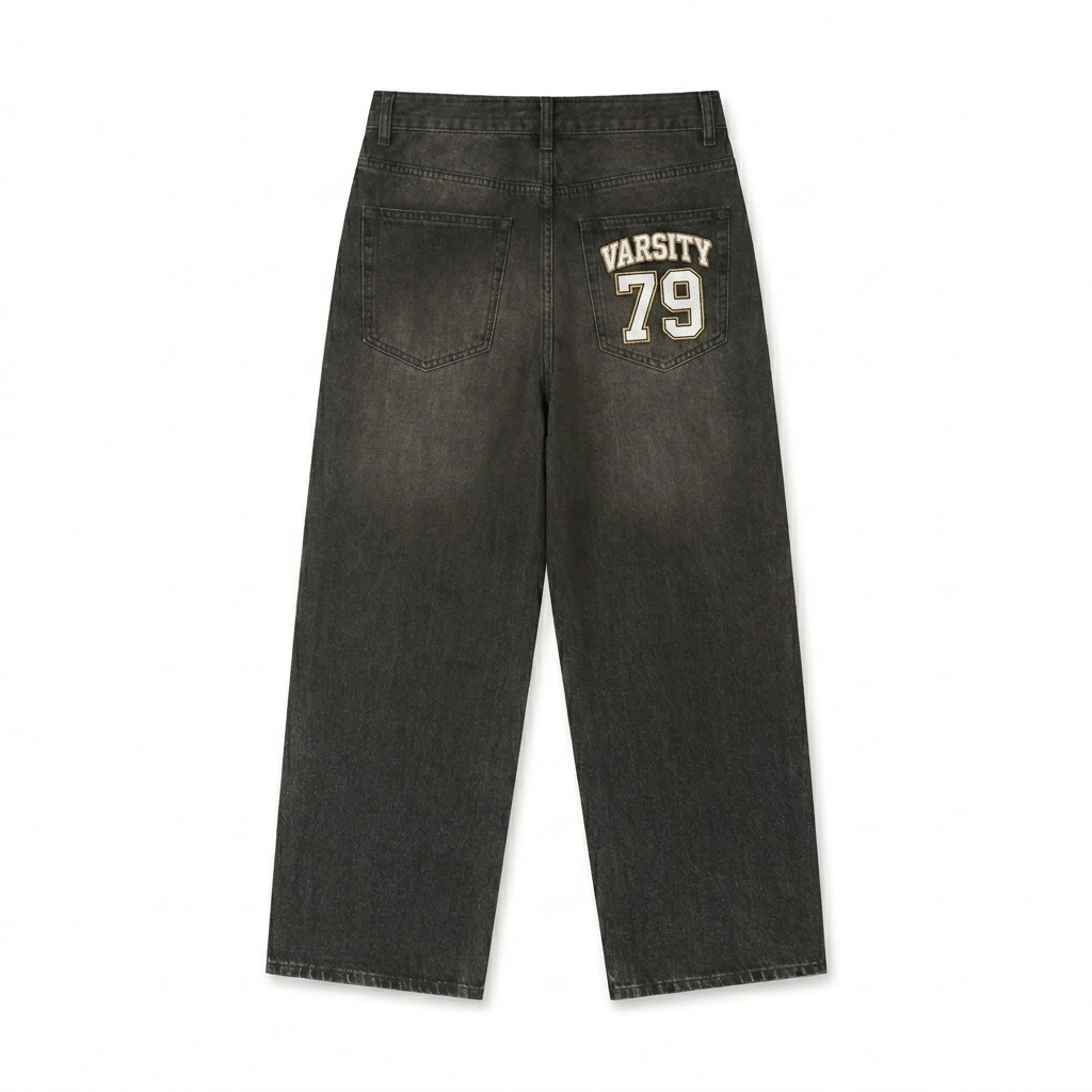 Custom Vintage Wash Heavyweight Denim Jeans design direction 3: Retro Collegiate Patch featuring the VARSITY 79 wordmark