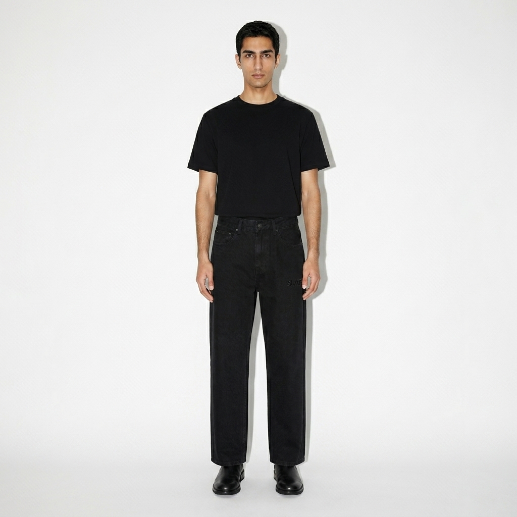 Vintage Wash Heavyweight Denim Jeans worn by a slim tall Persian male fashion influencer, sporty athleisure styling, studio lookbook — custom vintage wash heavyweight denim jeans