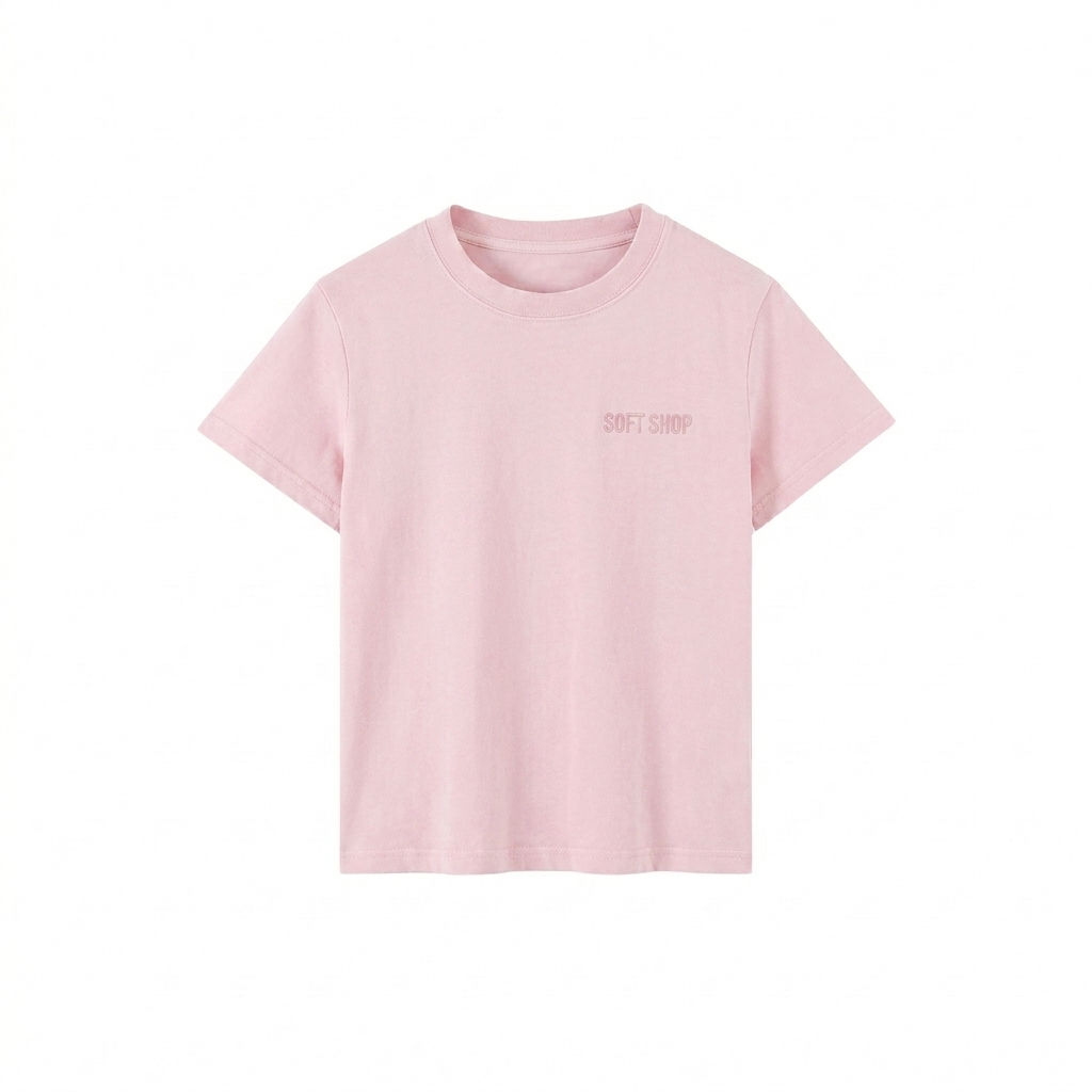 Custom Vintage Wash Slim Fit T-shirt design direction 1: Tonal Minimalist Wordmark featuring the SOFT SHOP wordmark