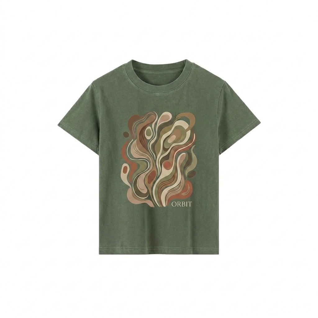 Custom Vintage Wash Slim Fit T-shirt design direction 2: Abstract Graphic Illustration featuring the ORBIT wordmark