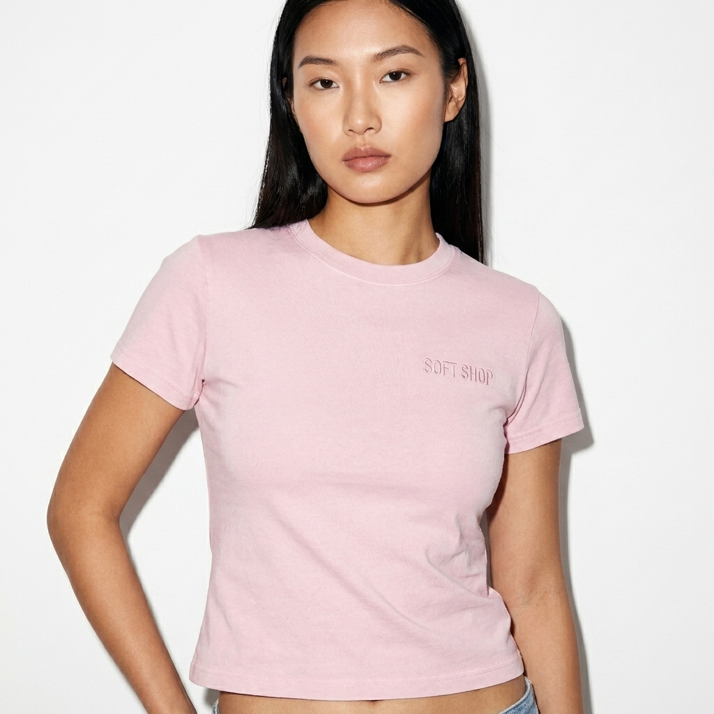 Vintage Wash Slim Fit T-shirt worn by a broad-shouldered East Asian female fashion influencer, clean-girl minimal styling, studio lookbook — custom vintage wash slim fit t-shirt