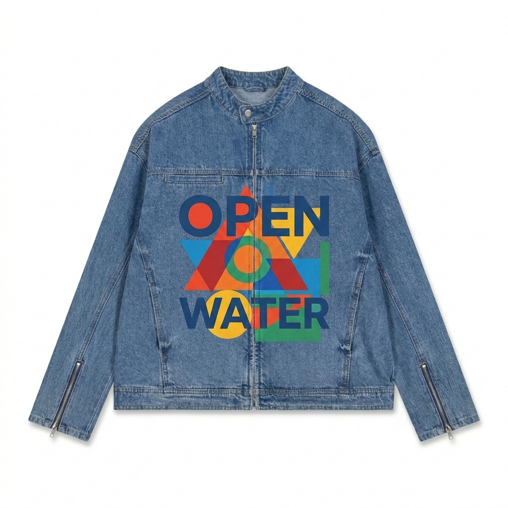 Custom Vintage Wash Zip Denim Jacket design direction 2: Bold Abstract Graphic featuring the OPEN WATER wordmark