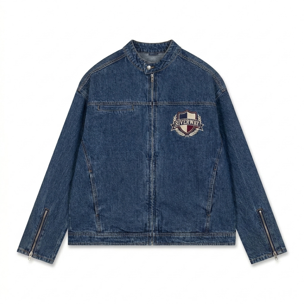 Custom Vintage Wash Zip Denim Jacket design direction 3: Retro Collegiate Emblem featuring the RIVERWAY wordmark