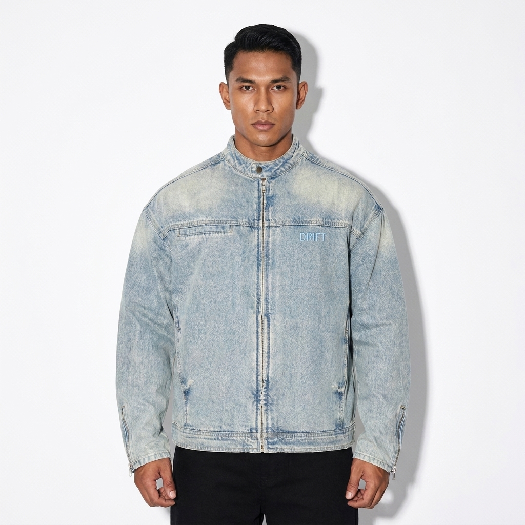 Vintage Wash Zip Denim Jacket worn by a athletic muscular Southeast Asian male fashion influencer, preppy ivy styling, studio lookbook — custom vintage wash zip denim jacket
