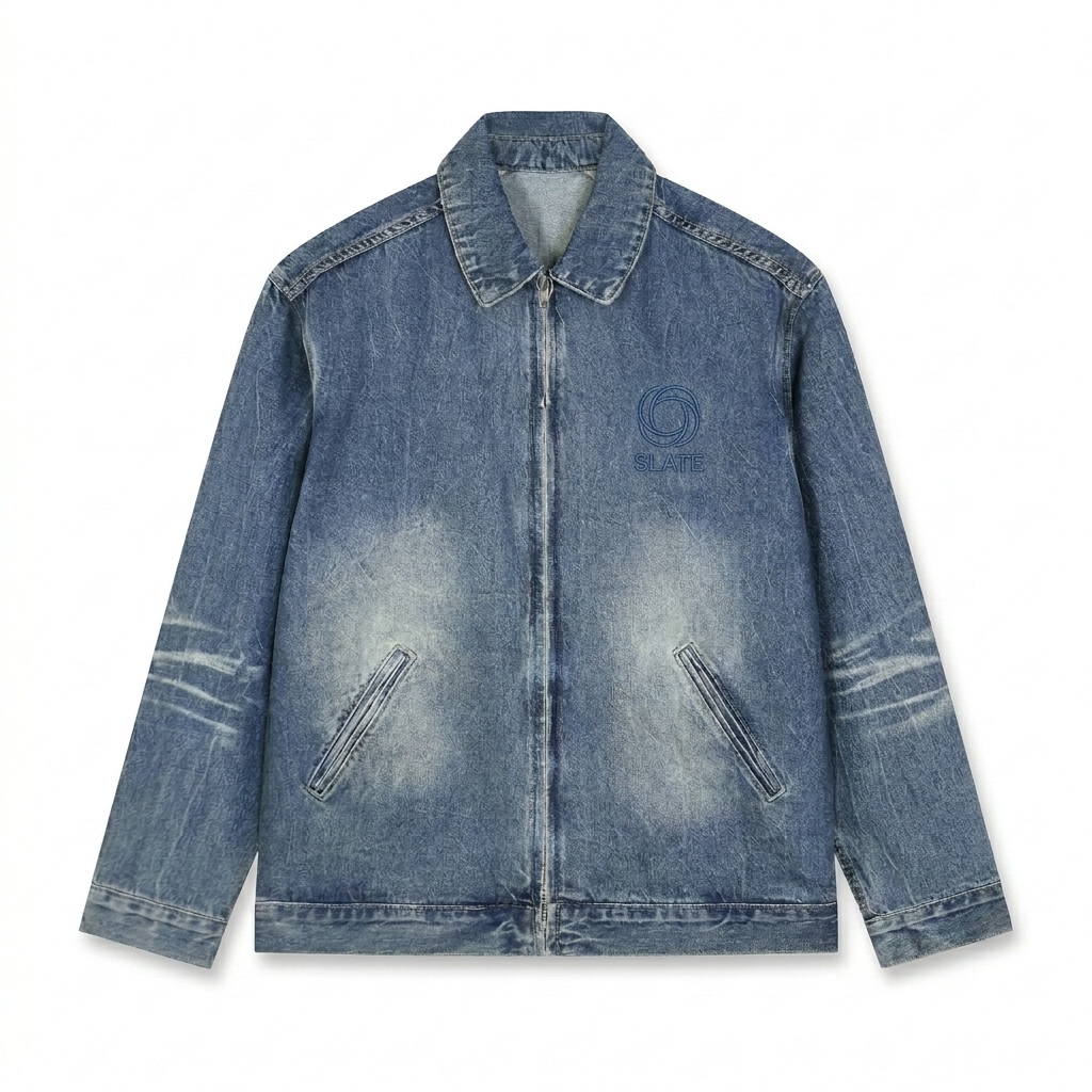 Custom Vintage Wash Zip-Up Denim Jacket design direction 1: Monochromatic Emblem featuring the SLATE wordmark