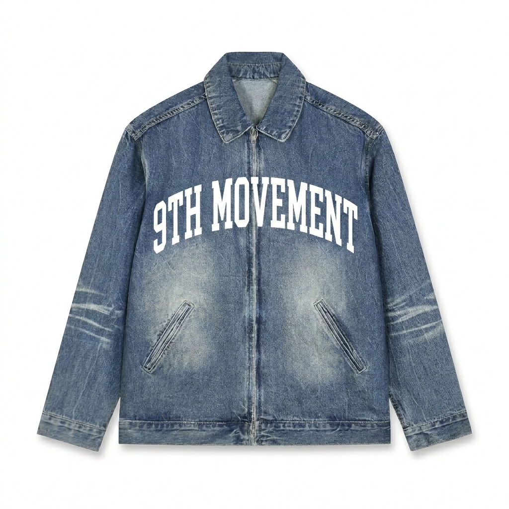 Custom Vintage Wash Zip-Up Denim Jacket design direction 2: Retro Collegiate Wordmark featuring the 9TH MOVEMENT wordmark