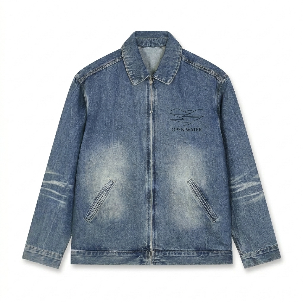 Custom Vintage Wash Zip-Up Denim Jacket design direction 3: Minimal Line Drawing featuring the OPEN WATER wordmark