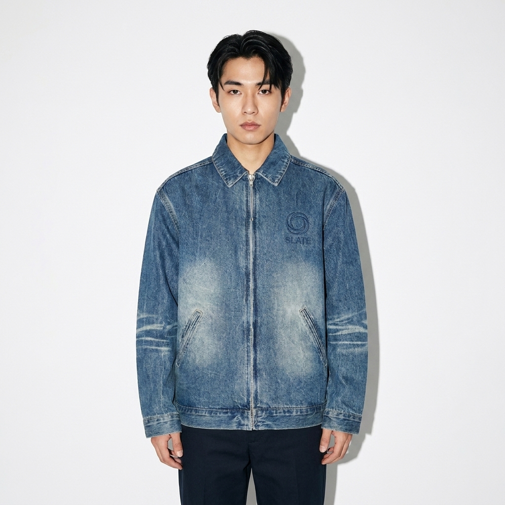 Vintage Wash Zip-Up Denim Jacket worn by a petite Japanese male fashion influencer, sporty athleisure styling, studio lookbook — custom vintage wash zip-up denim jacket