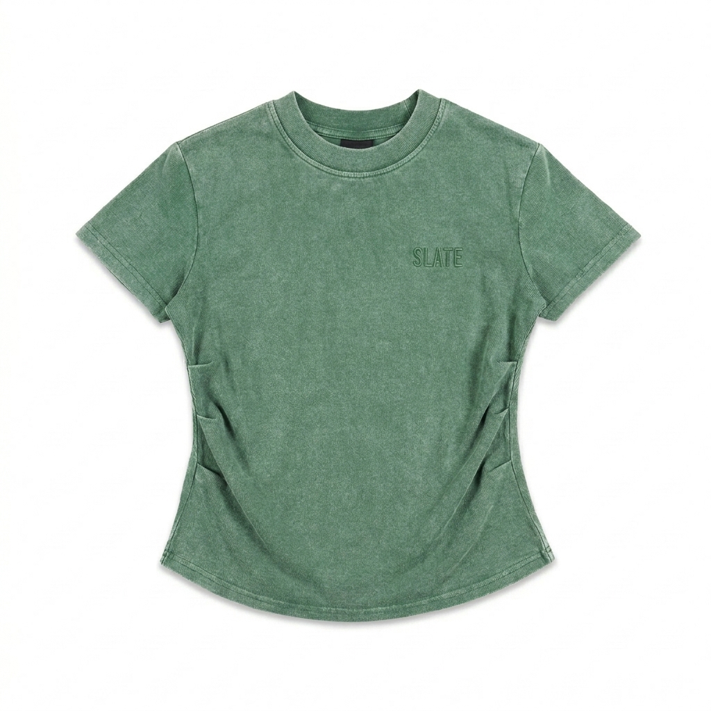 Custom Vintage Washed Bodycon T-Shirt design direction 1: Tonal Minimalist Wordmark featuring the SLATE wordmark