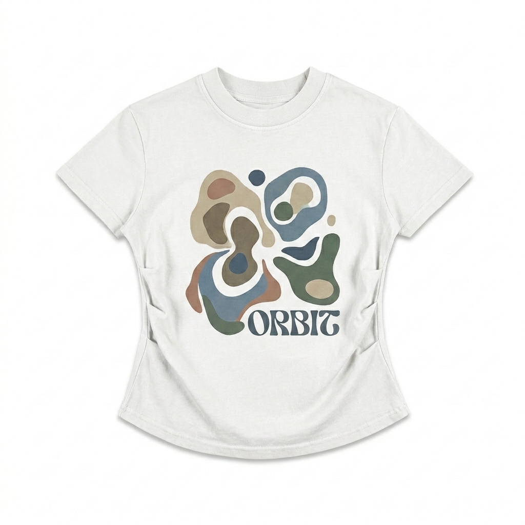 Custom Vintage Washed Bodycon T-Shirt design direction 2: Bold Abstract Graphic featuring the ORBIT wordmark