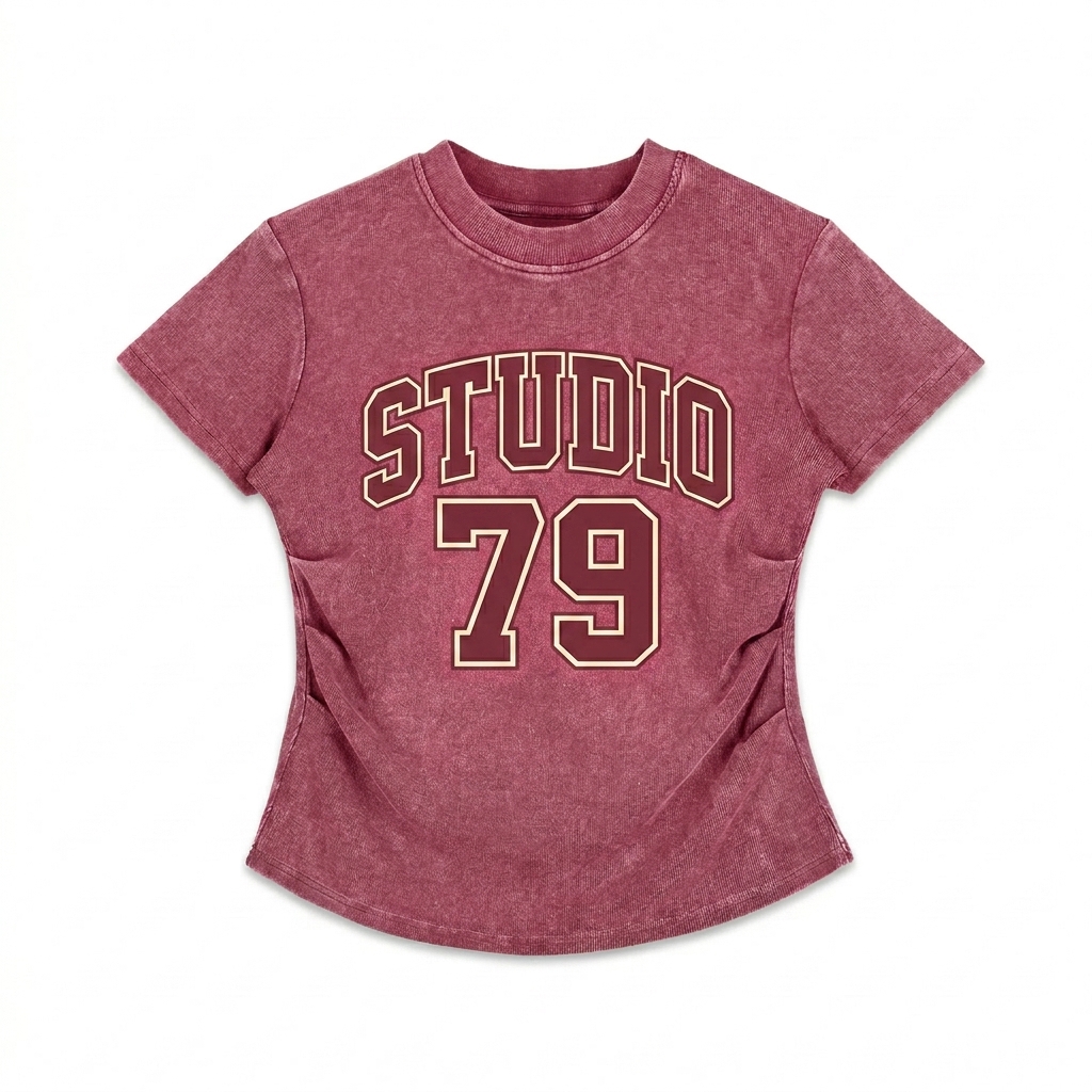 Custom Vintage Washed Bodycon T-Shirt design direction 3: Retro Collegiate Emblem featuring the STUDIO 79 wordmark