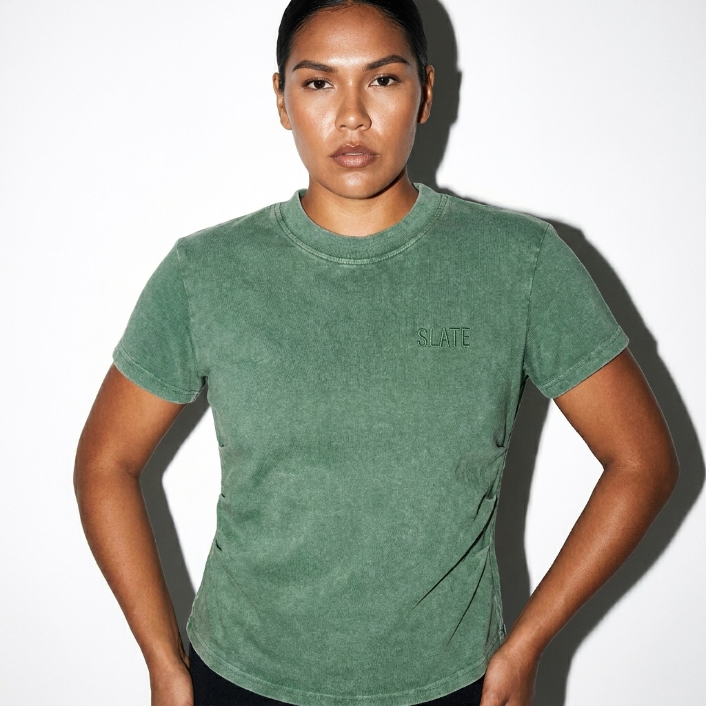 Vintage Washed Bodycon T-Shirt worn by a broad-shouldered Indigenous American female fashion influencer, minimalist luxury styling, studio lookbook — custom vintage washed bodycon t-shirt