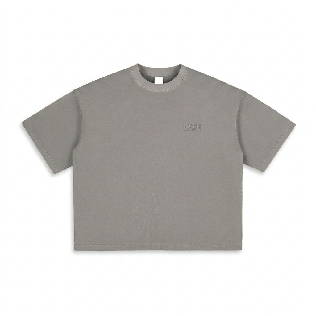 Custom Vintage Washed Boxy T-Shirt design direction 1: Tonal Minimalist Wordmark featuring the BASIN wordmark