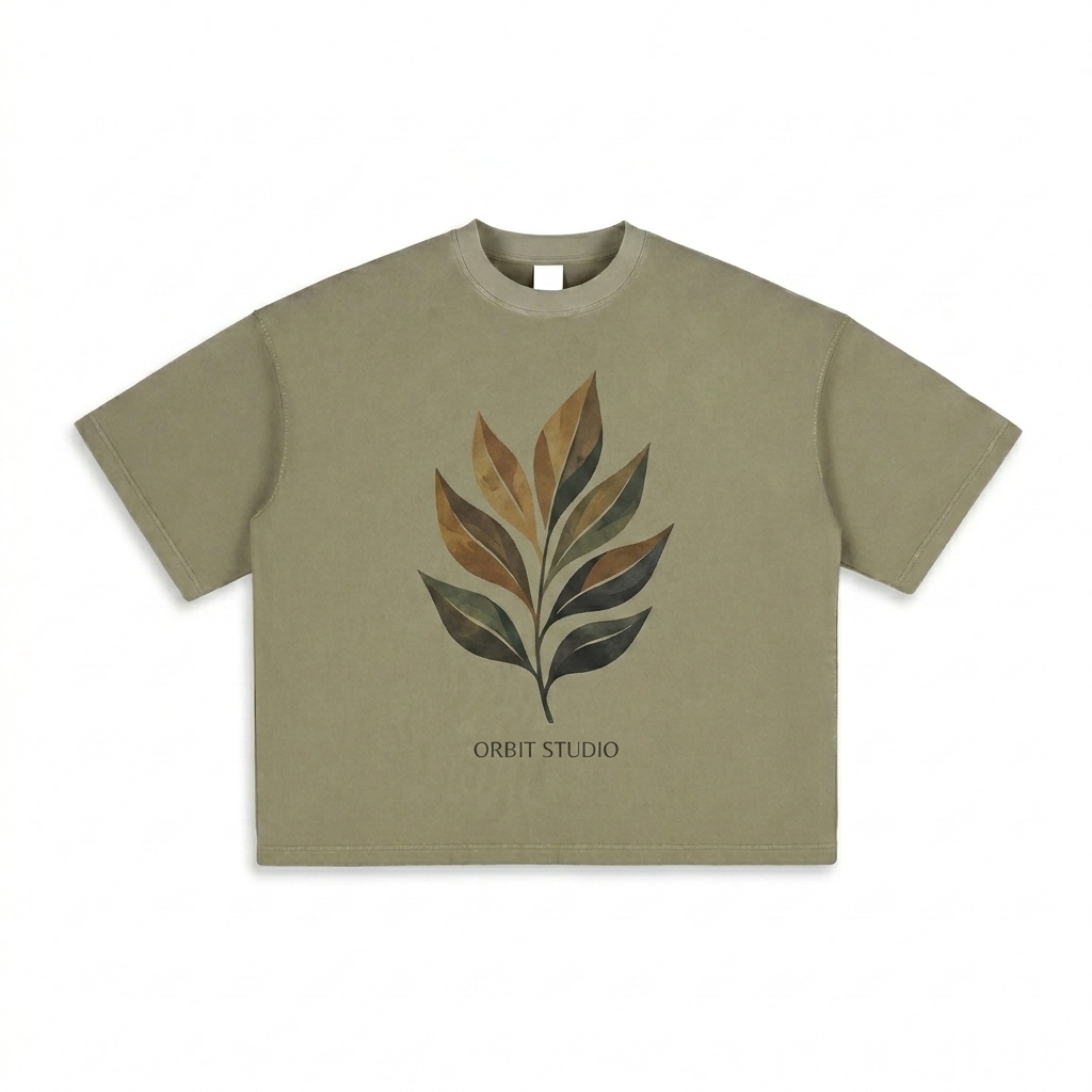 Custom Vintage Washed Boxy T-Shirt design direction 2: Abstract Botanical Graphic featuring the ORBIT STUDIO wordmark