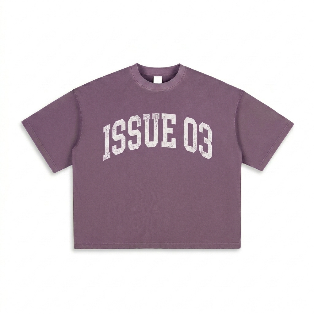 Custom Vintage Washed Boxy T-Shirt design direction 3: Retro Collegiate Emblem featuring the ISSUE 03 wordmark