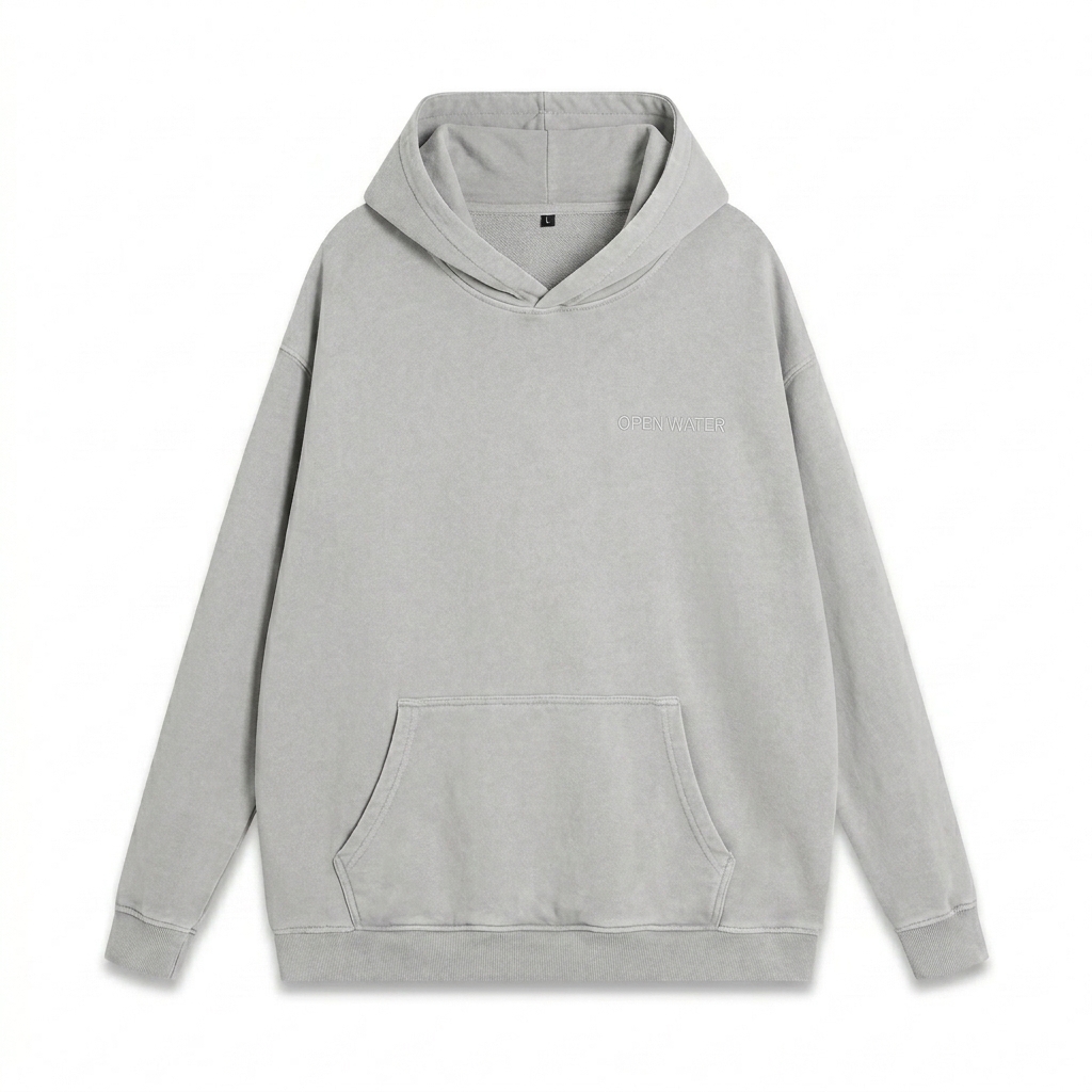 Custom Vintage Washed Cotton Hoodie design direction 1: Tonal Minimalist Wordmark featuring the OPEN WATER wordmark