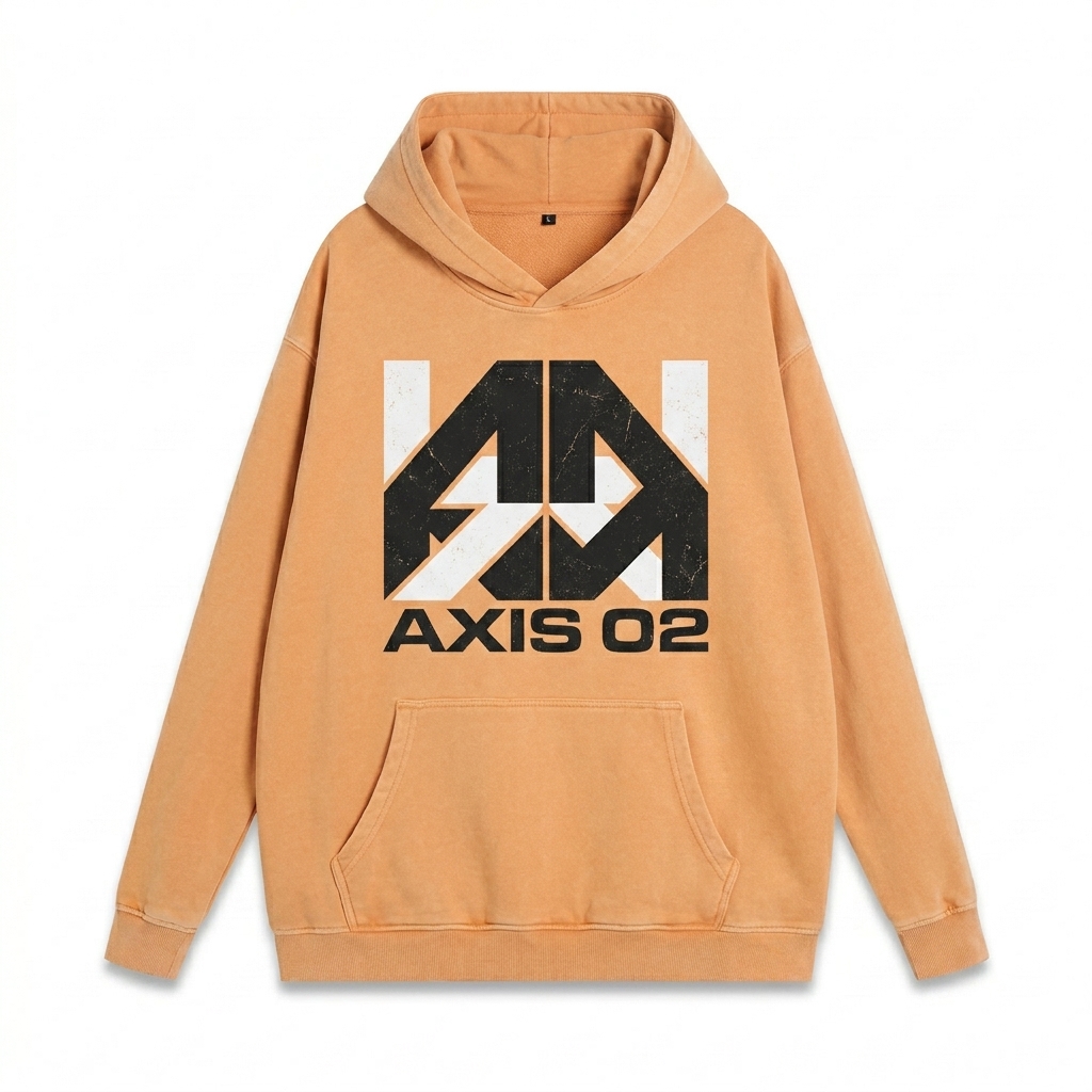 Custom Vintage Washed Cotton Hoodie design direction 2: Abstract Geometric Graphic featuring the AXIS 02 wordmark