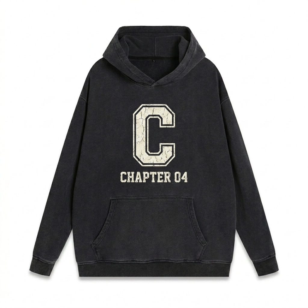 Custom Vintage Washed Cotton Hoodie design direction 3: Retro Collegiate Emblem featuring the CHAPTER 04 wordmark