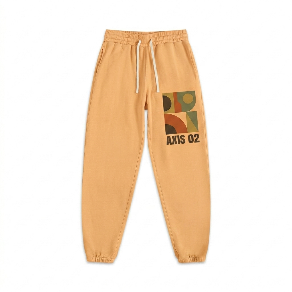 Custom Vintage Washed Cotton Sweatpants design direction 2: Bold Abstract Graphic featuring the AXIS 02 wordmark