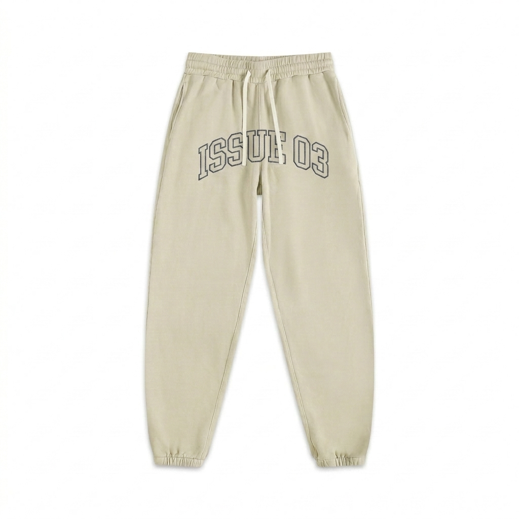 Custom Vintage Washed Cotton Sweatpants design direction 3: Retro Collegiate Emblem featuring the ISSUE 03 wordmark