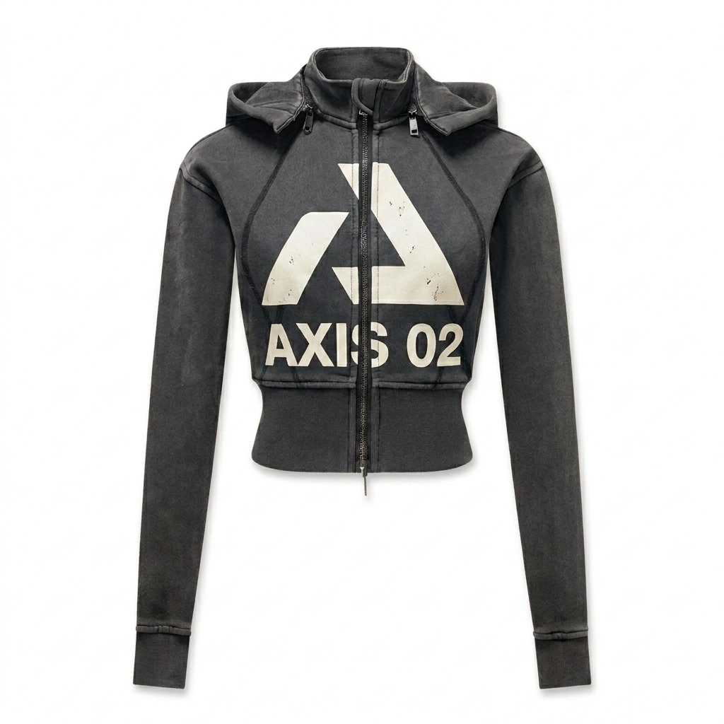 Custom Vintage Washed Cropped Fleece Hoodie design direction 2: Bold Abstract Graphic featuring the AXIS 02 wordmark