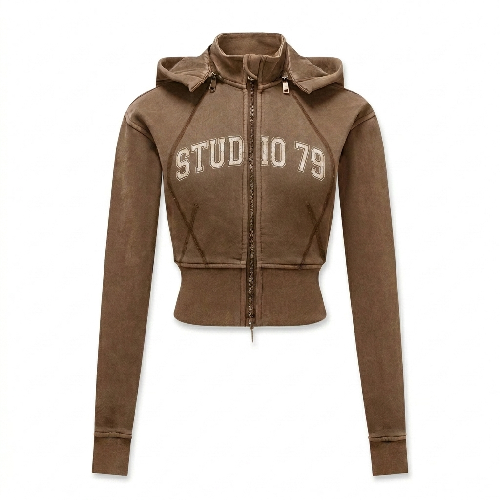 Custom Vintage Washed Cropped Fleece Hoodie design direction 3: Retro Collegiate Emblem featuring the STUDIO 79 wordmark